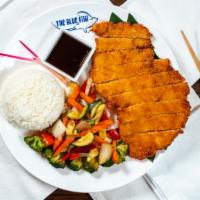 Chicken Katsu · Panko encrusted and lightly fried chicken breast. Served with sauteed vegetables, white or b...