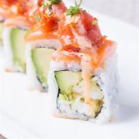 Rainforest Roll · Shrimp Tempura, Avocado, topped with Fresh Salmon and Spicy Tuna, served with Spicy Mayo, Ee...