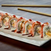 Sundae Roll · Shrimp tempura, cream cheese, snow crab mix, topped with crab stick, mayonnaise, sriracha, a...