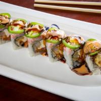 Miami Vice Roll · Shrimp Tempura, cream cheese, spicy salmon, topped with snow crab mix and jalapenos, served ...