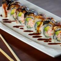 Dragon Roll · Snow crab mix, avocado, and cucumber topped with baked eel. Served with eel sauce.