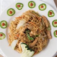Yaki Soba · Stir-fried Japanese noodles with vegetables and choice of meat in a tangy sauce.