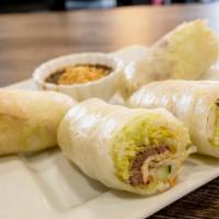 2 Fresh Spring Rolls (2) · Two chicken noodles, lettuce and carrots, wrapped in rice paper.