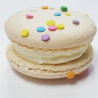 Birthday Cake Macaron · Birthday cake buttercream with confetti sprinkles on top.