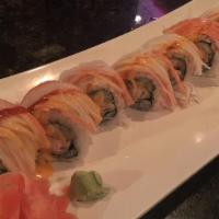 Sunny Roll · Spicy. Cooked. Deep fried shrimp, cucumber roll topped with crabmeat, spicy mayo sauce.