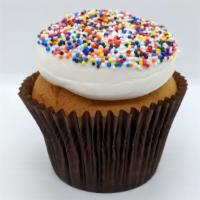 Birthday Cupcake · Vanilla cake with buttercream frosting topped with sprinkles.