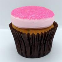 Pink Vanilla · Vanilla Cake with Pink Vanilla Buttercream dipped in Pink Sugar Crystals