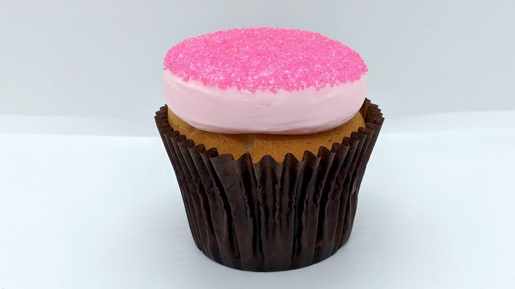 Pink Vanilla · Vanilla Cake with Pink Vanilla Buttercream dipped in Pink Sugar Crystals
