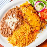 Enchiladas Tex-Mex · 2 Enchiladas, Rice, Bean, & Salad. Choose one protein inside (Cheese, Ground Beef, Chicken o...
