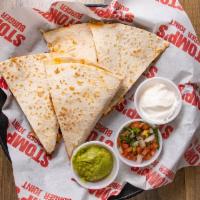 Quesadilla · Flour Tortilla, melted cheddar/jack blend cheese with a side of Guacamole, Sour Cream, Pico ...