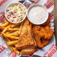 Adult Fried Chicken Tenders · 4 FRIED CHICKEN TENDERS, FRIES SERVED WITH HOUSE COLESLAW, TEXAS TOAST, WHITE GRAVY