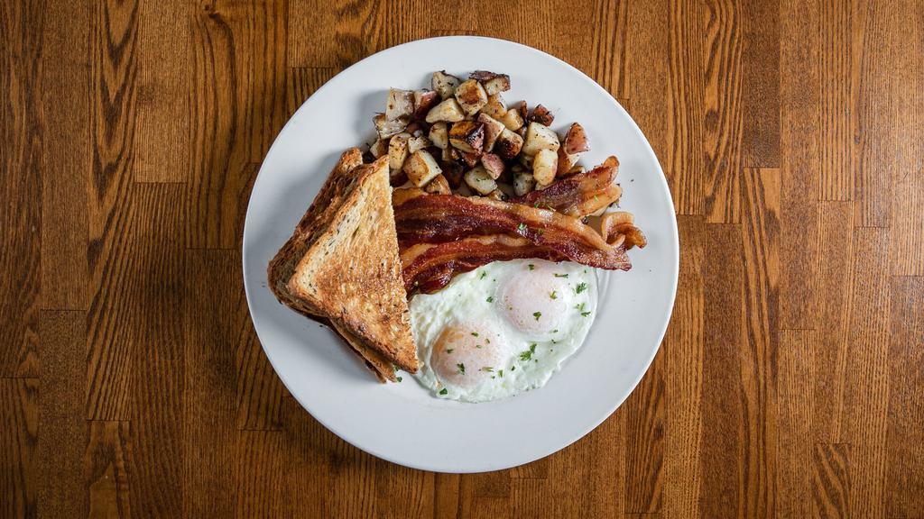 Basic Breakfast · 2 eggs any style, brunch potatoes or gristmill cheddar grits with your choice of toast or butter biscuit. Add bacon or ham for additional charge. Add Jalapeño bacon, pork sausage or chicken apple sausage for additional charge.