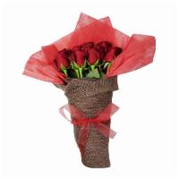 Roses In Burlap · 1 Dozen Premium Long Stemmed Roses in a Burlap Bouquet tied with a beautiful chiffon bow.