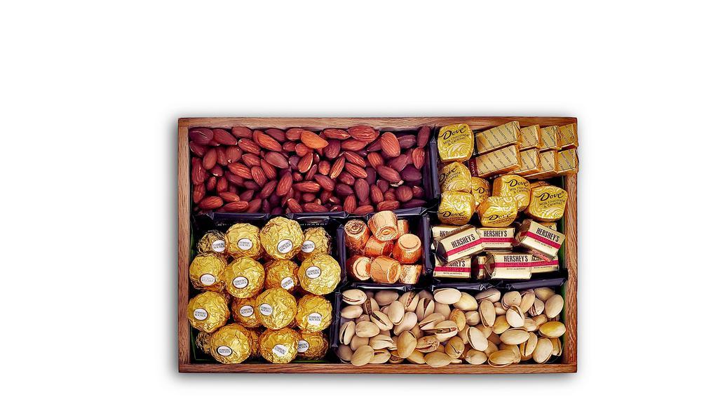 Lotta Nuts · Wooden gift box filled with 
- Almonds
- Pistachios
- Ferrero Rocher
- Merci European Chocolate
- Ghirardelli Dark Chocolate and Sea Salt
- Dove Promises Milk Chocolate and Caramel 
- Rolo Chocolate and Caramel Candy
- Hershey's Special Dark Chocolate with Almonds
