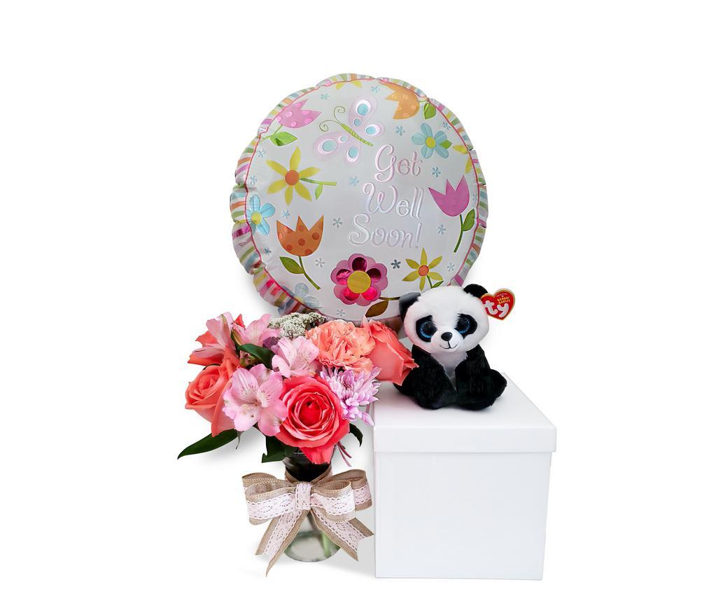Get Well Soon Bundle · Beautiful Flower Arrangement chosen by one of our designers, a Get Well Soon Balloon and a TY Beanie Baby.