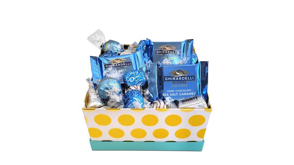 Blue Chocolate Box · Adorable Chocolate box that's just the right size with an assortment of 
- Ghirardelli Squares
- Lindt Lindor Chocolate Truffle
- Dove Milk Chocolate 
- Hershey's Hugs and Kisses