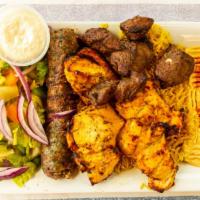 Mixed Grill · 1 off each sewer beef,chicken,kafta, come with rice humus,or salad{Halal}