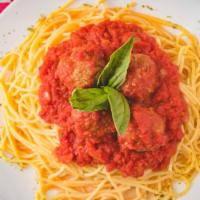 Spaghetti With Meatballs (4) · Marinara sauce, Parmesan cheese and meatballs.