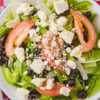Greek · Lettuce, tomatoes, onions, black olives, green peppers, feta cheese.