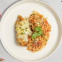 Chicken Parm Pasta (Spaghetti) · Freshly baked chicken parmesan served with rossa (red) sauce spaghetti and drizzled with mel...