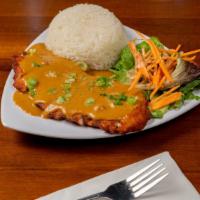 Chicken Katsu Tokyo Curry Rice · deep fried panko breaded chicken served w/ curry sauce, served w/ steamed rice and a side sa...