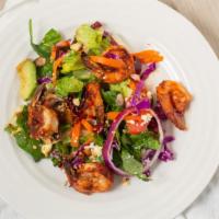 Shrimp Salad · Romaine lettuce, spinach, tomato, carrots, mushrooms, red cabbage, red onion, queso fresco, ...