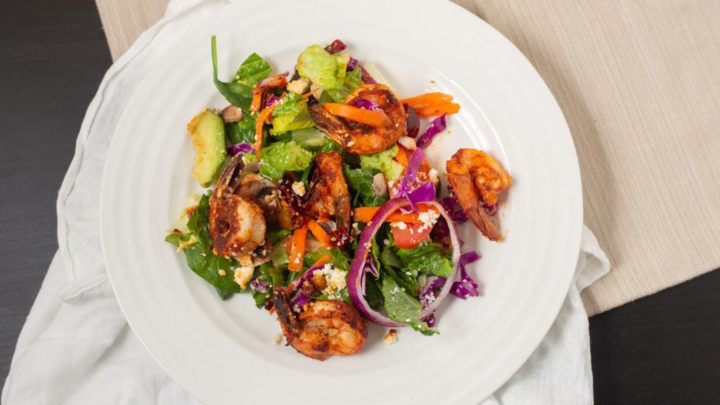 Shrimp Salad · Romaine lettuce, spinach, tomato, carrots, mushrooms, red cabbage, red onion, queso fresco, and avocado.