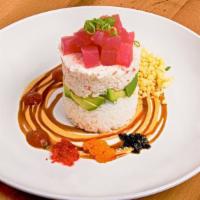Ahi Tuna Tower · Fresh tuna crab meat avocado rice crunch powder fish eggs (spicy mayo eel sauce sriracha)
