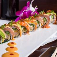 Lee'S Roll · Spicy tuna, snow crab, topped salmon, albacore tuna, avocado, green onion, with spicy mayo a...