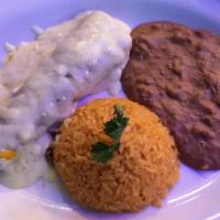 Enchilada Plate Lunch · Choice of 2 enchiladas: Veggie, cheese, chicken, beef or brisket with rice and beans.