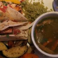 Fish Tacos Lunch · 2 grilled tilapia tacos with cabbage, mango pico de gallo, avocado. Marinara sauce with cila...