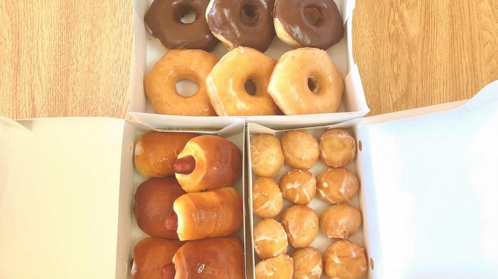 Small Classic Combo · 6 Pig in the Blankets - 3 Glazed & 3 Chocolate - 1 Dozen Glazed Donut Holes