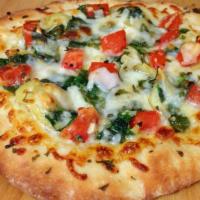 Veg Farmhouse Gluten Free Crust Pizza · Freshly made gluten free pizza dough topped black olives, red onions, green peppers, basil, ...