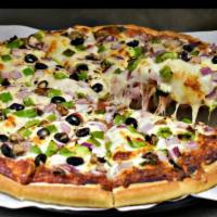 Basil Pesto Garden Gluten Free Crust Pizza · Freshly made gluten free pizza dough topped with fresh basil and spinach, red onions, mushro...