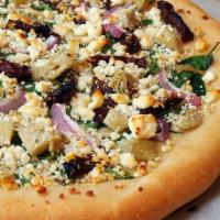 Pizza Greco  · Freshly made pizza dough topped feta cheese, Parmesan cheese, fresh tomatoes, black olives, ...