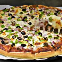 Basil Pesto Garden Pizza · Freshly made pizza dough topped with fresh basil and spinach, red onions, mushrooms, green p...