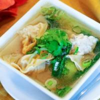 Wonton Soup · Shrimp and pork dumplings in clear chicken broth soup.
