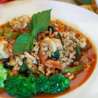 Shrimp & Chicken Basil · Stir-fried shrimp and minced chicken with chilies, bell peppers, fresh basil, and broccoli. ...