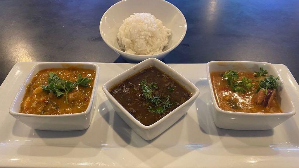 Triple Power Sampler · Red beans, shrimp Creole and crawfish etouffee with white rice.