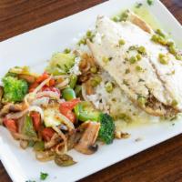Vinci'S Tilapia · Roasted tilapia with mix vegetables and risotto lemon white wine sauce.