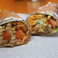 Burrito · Prepared with your choice of meat, rice, beans, cilantro, onions, cheese, lettuce, tomatoes,...
