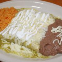 Chicken Enchiladas · (3) prepared with a tomatillo salsa, cheese, onions, and sour cream. Served with rice and be...