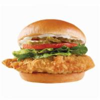Crispy Chicken Spicy Burger · chicken , American cheese, tomato, lettuce, pickle, mayo.