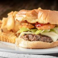 Fuzion Cheese Burger · Burger on the Bun with lettuce. tomato, american cheese, served with a basket of fries.