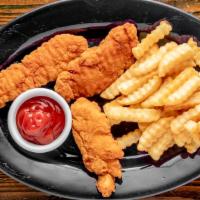 Chicken Tender Basket · Three chicken tenders fried golden served with a basket of fries and ketchup.