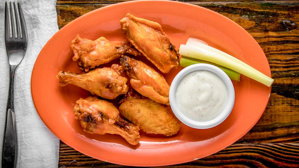 Wings (6) · Six fresh fresh wings fried to perfection served with ranch dressing and french fries. Wing flavors: hot, bbq, lemon pepper, hot lemon pepper, teriyaki, garlic parmesan, mango habanero, sweet chili, spicy bbq.