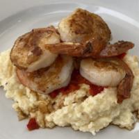Shrimp & Grits · Cheesy grits with shrimp topped with bacon bits