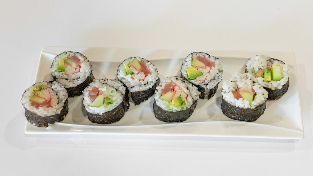 Rainbow Roll · California roll topped with tuna, shrimp, salmon, avocado outside.