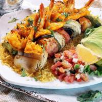 Alambre Skewers · Grilled chicken, fajita beef or shrimp served with  fresh vegetables (onions, tomatoes, bell...