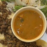 Street Tacos · Five(5) Tacos topped with grilled onion and cilantro, served with a bowl of Frijoles Charros